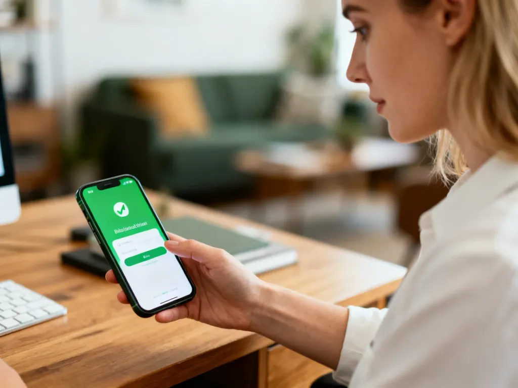 Kobieta logująca się do aplikacji na smartfonie w przytulnym domowym biurze.