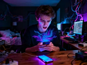 Mężczyzna w nowoczesnym biurze logujący się do aplikacji na laptopie.