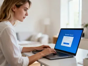 Kobieta logująca się do aplikacji na smartfonie w przytulnym domowym biurze.