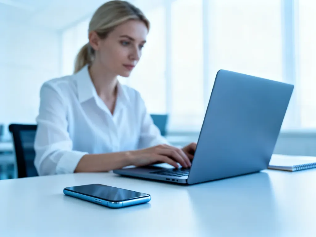 Kobieta pracująca przy laptopie w nowoczesnym biurze, symbolizująca obsługę systemów informatycznych.