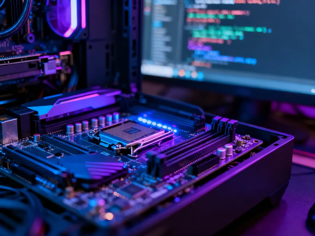 Wnętrze gamingowego komputera z podświetlaną płytą główną, symbolizujące zaawansowane środowisko techniczne.