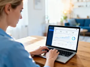 Mężczyzna pracujący przy laptopie w nowoczesnym biurze, korzystający z bezpiecznego portalu internetowego.