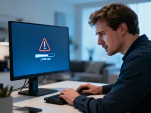 Mężczyzna w nowoczesnym biurze skupiony na pracy przy laptopie, korzystający z panelu klienta w systemie wfirma.