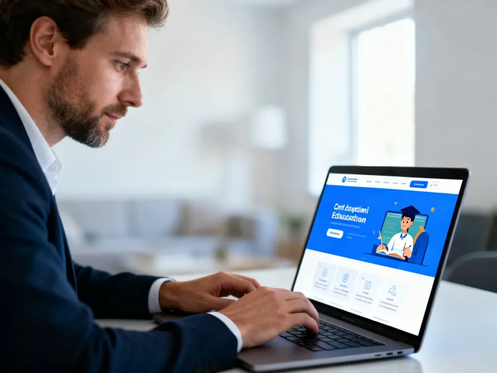 Mężczyzna przy biurku korzystający z laptopa, logujący się do platformy edukacyjnej w nowoczesnym domowym biurze.