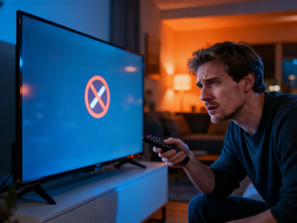 Zirytowany mężczyzna z pilotem przed telewizorem wyświetlającym błąd połączenia z siecią.