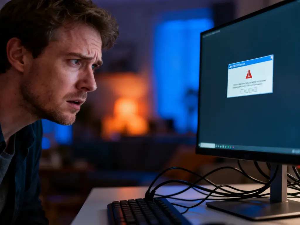 Zirytowany mężczyzna przed monitorem z błędem systemowym, ilustrujący problem z brakującym plikiem DLL.