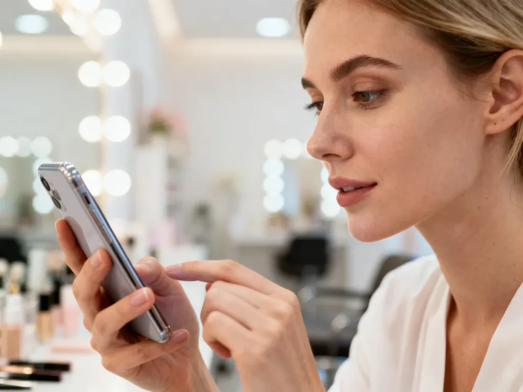 Kobieta trzymająca smartfon w jasnym wnętrzu salonu kosmetycznego, korzystająca z aplikacji mobilnej.