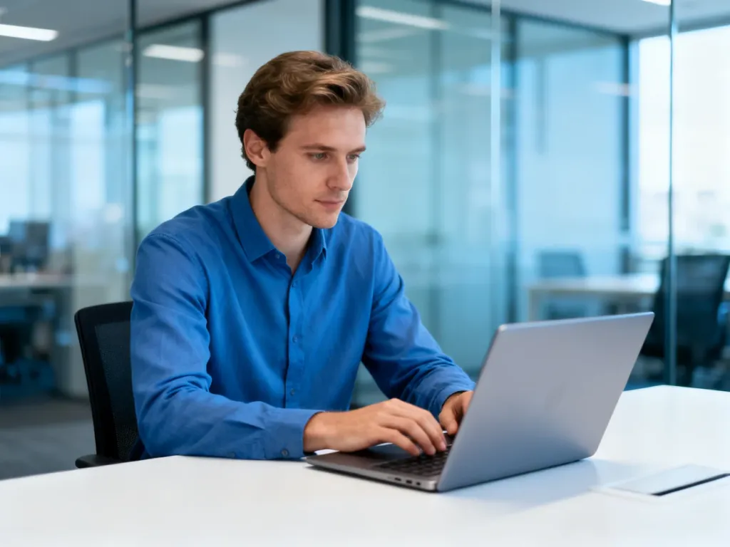 Mężczyzna pracujący przy laptopie w nowoczesnym biurze, ilustrujący proces logowania do konta Microsoft 365.