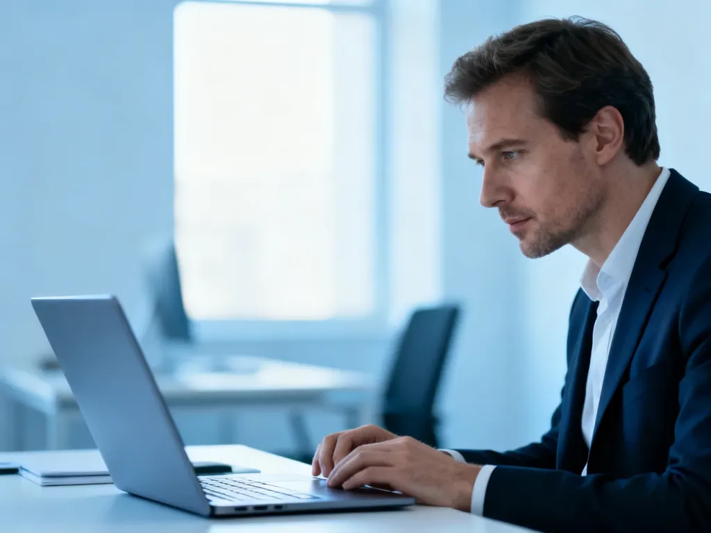Profesjonalista pracujący przy laptopie w nowoczesnym biurze, skupiony na obsłudze systemu KSeF.